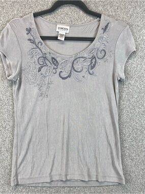 Chico’s liquid knit top t-shirt size S embroidered scoop neck smoke gray travel